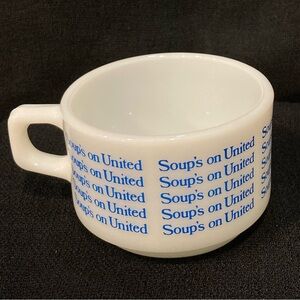 PYREX Airlines Soup Mug Cup Soup’s on United Milk Glass BLUE 1960-70 Vintage